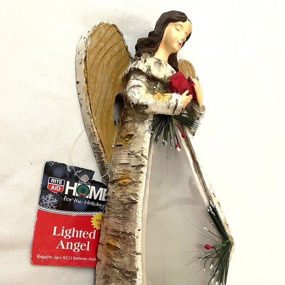 Lighted Angel Figurine White Birch Wood Glitter 9" x 4" Table Top Decoration - Picture 7 of 8